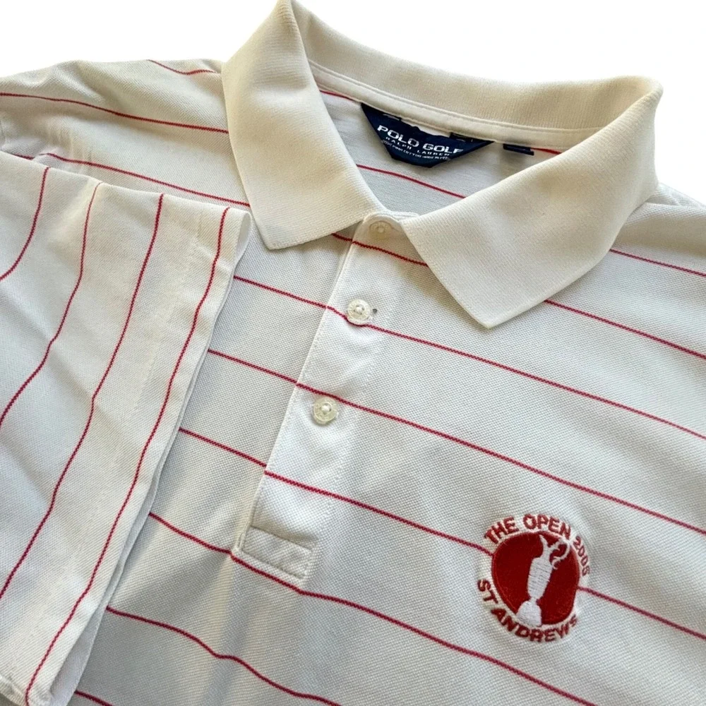 VTG Polo Golf Shirt Mens XL White Striped The Open 2005 St Andrews Preppy